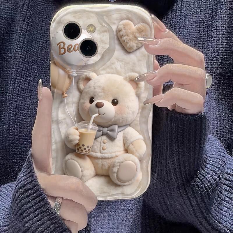 For iPhone 17 16 15 14 13 12 11 Pro Max XS X XR 15 16 Plus 16E 17Air Cute Cartoon Grizzly Bear Pink Heart Printed Silicone Cover