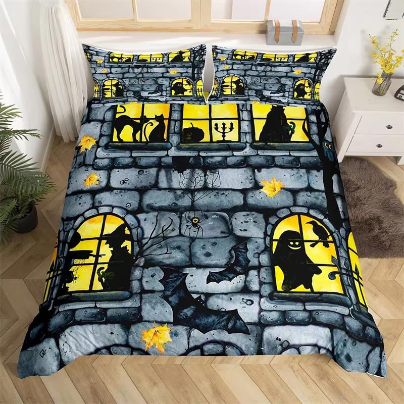 Kids Pumpkin Lantern Duvet Cover Set Twin King Halloween Bedding Set Microfiber Witch Mystery Graveyard Printt Comforter Cover