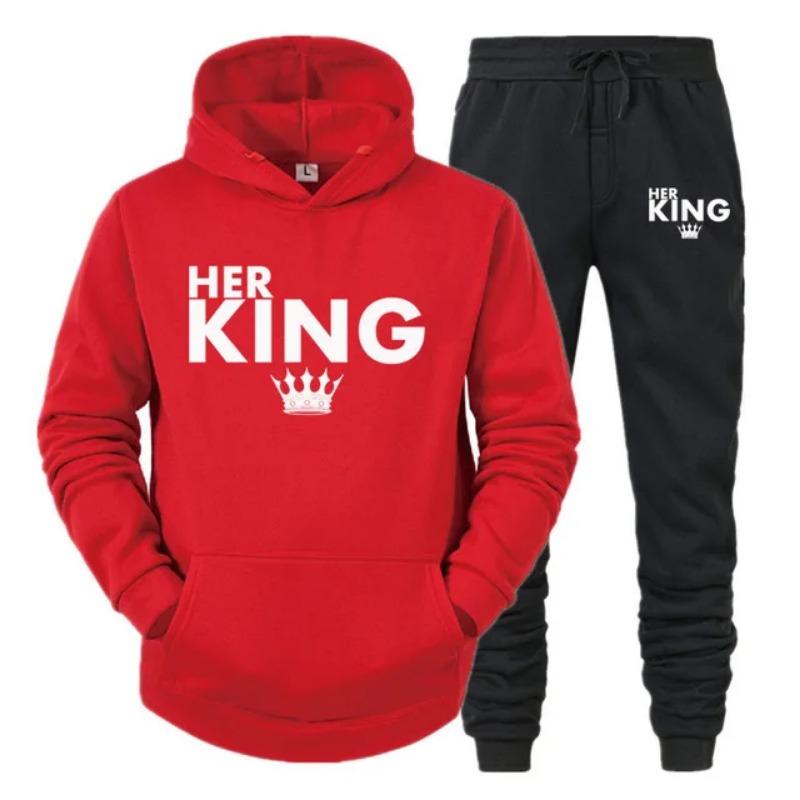 Lover Her QUEEN or His KING Printed Tracksuits Couple Hoodies Outfit Suits Casual Hooded Sweatshirt + Sweatpants Two Piece Set Sport Wear Men’s