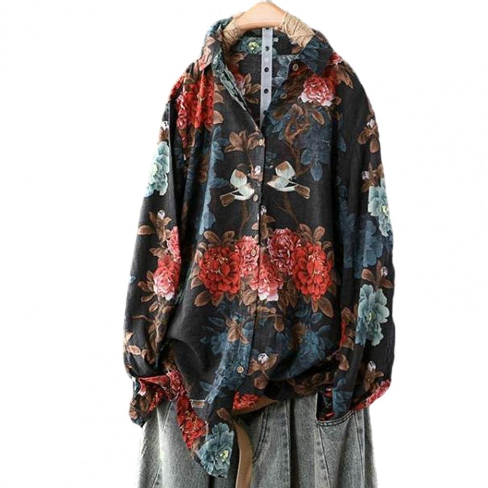 Lapel Long Sleeve Women Shirt Buttons Placket Anti-pilling Retro Shirt Top Flower Pattern Loose Cardigan Shirt Daily Garment