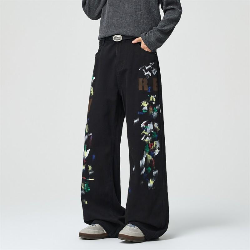 Mens Streetwear Loose Straight Leg Pants Flame Print Casual Trousers