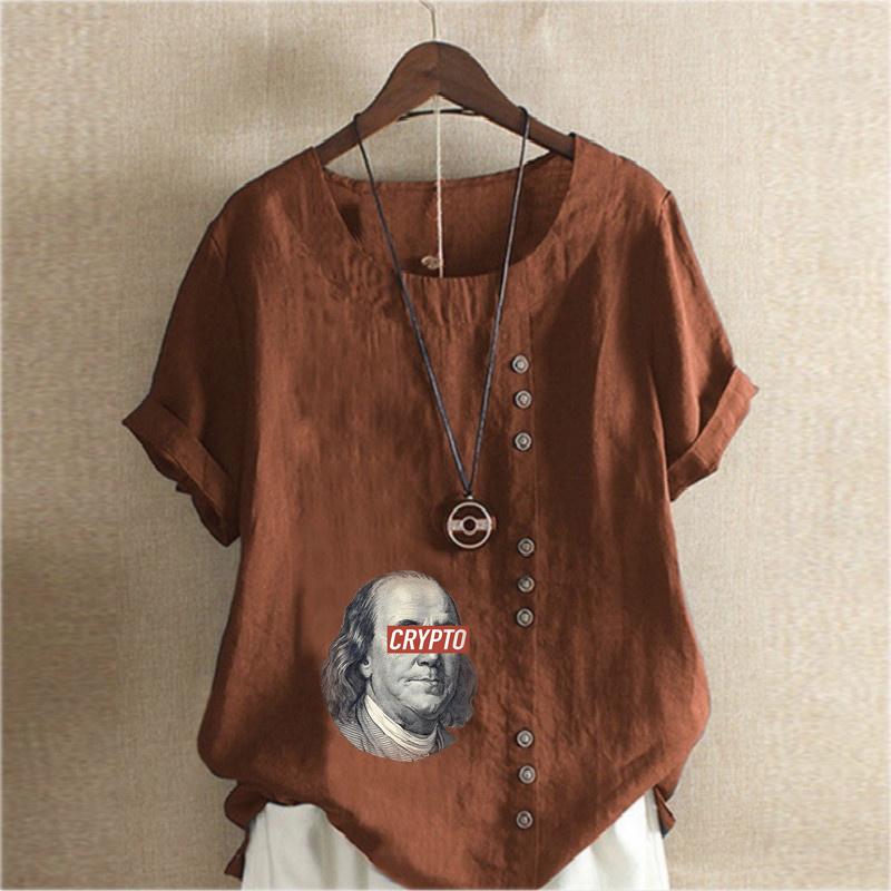 Women's Fashion Round Neck Short Sleeve T-shirt Casual Cotton Linen Graphic Shirt Character Prined Summer Blouse Tops Plus Size