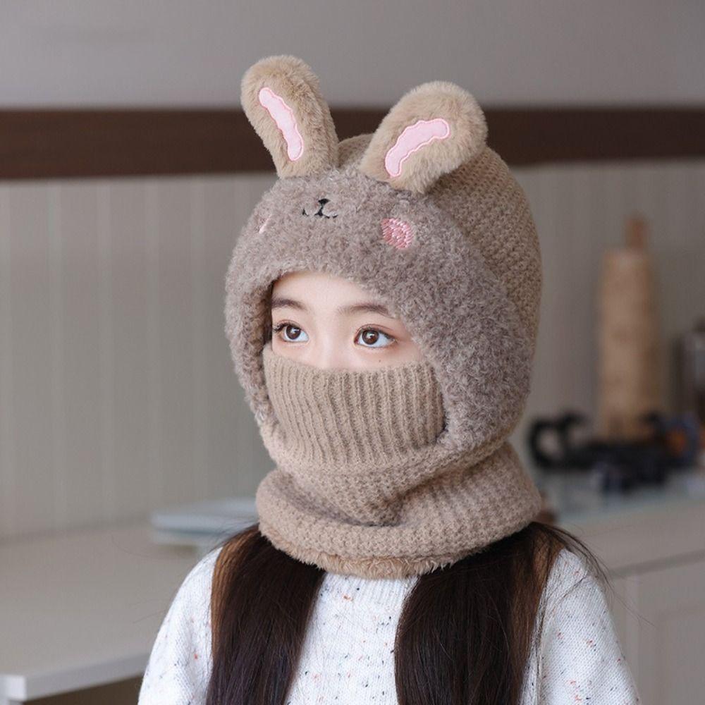 Knitted Beanie Rabbit Ear Winter Hat Plush Face Guard Neck Warmer Pullover Cap  Infant Cap