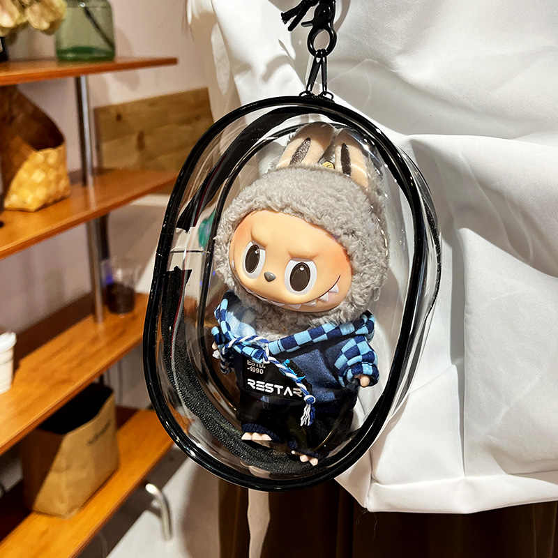 Transparente Schutzhülle Organizer-Box für 15-17cm Labubu Puppen Outdoor-Ausstellungstasche mit Schlüsselanhänger Puppenzubehör