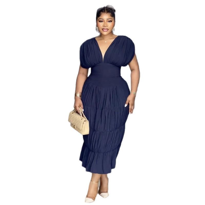 European and American women's clothing summer new fashion V-neck waist slim fit solid color pleated sleeve long dress dress