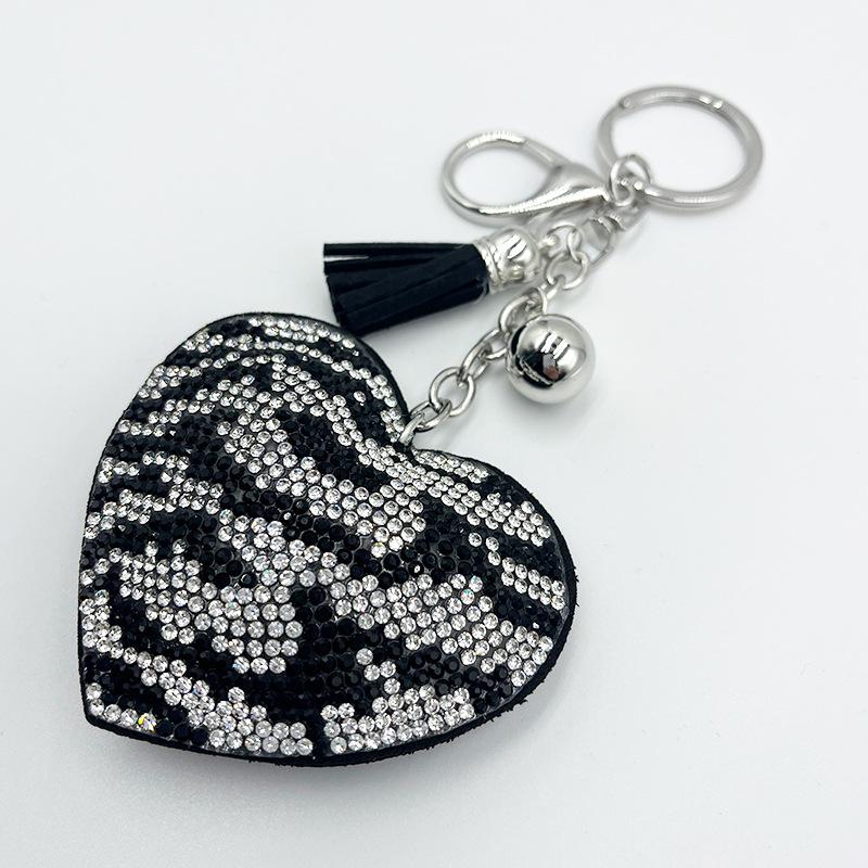Diamond Zebra Print Heart Keychain with Tassel - Metal Pendant Bag Charm