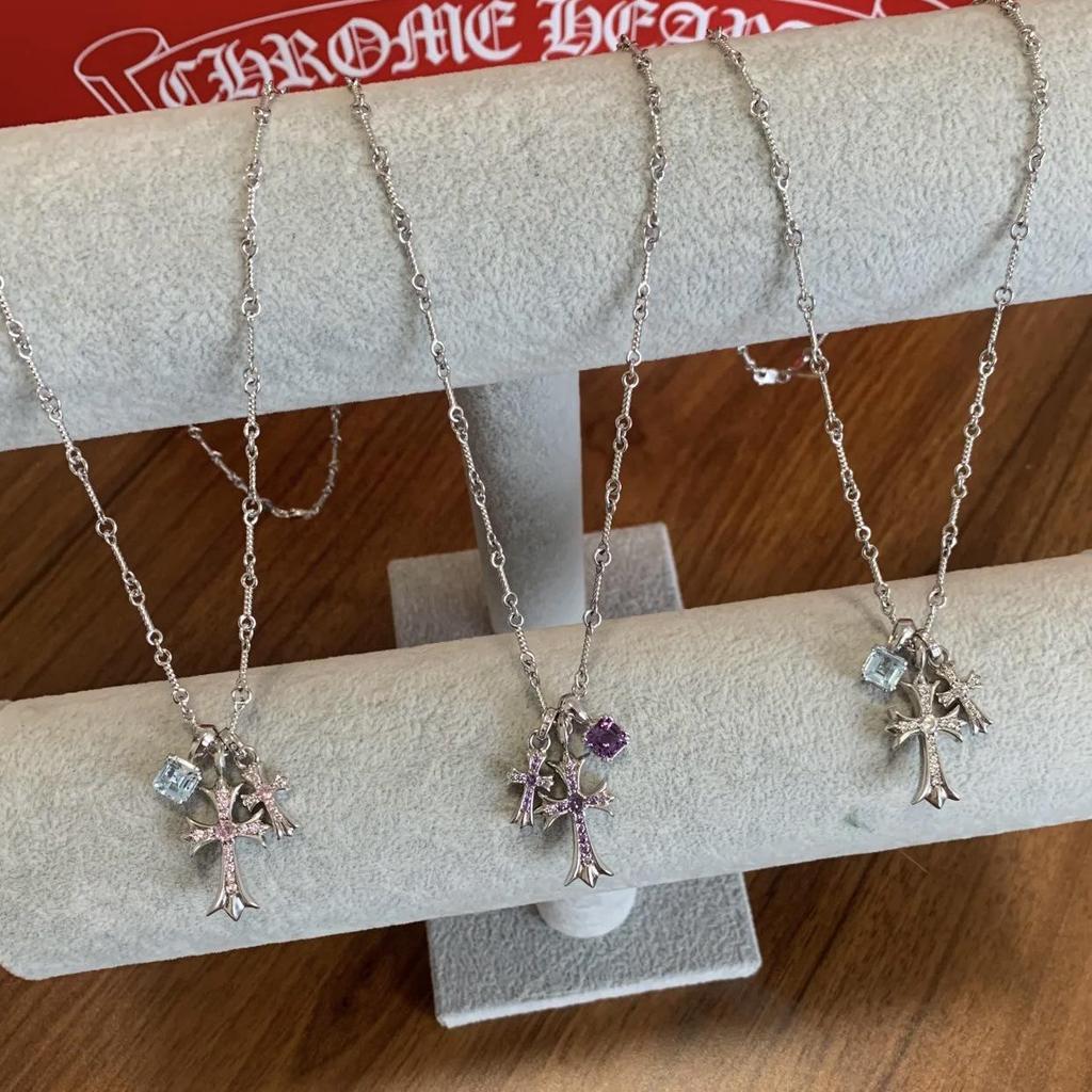 Gold-Plated S925 Sterling Silver Double Cross Necklace with Blue Diamond Accent - Unisex Hip Hop Pendant