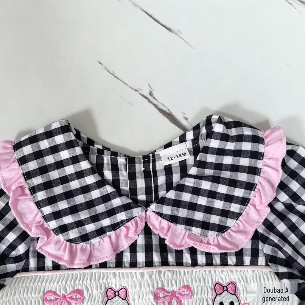 Girls' Pumpkin Embroidery Plaid Suit - Doll Collar Top & Flare Pants Two-Piece Set for Autumn/Halloween 2026