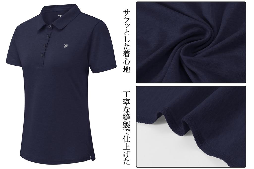 [Gopune] Women's Short-Sleeve Polo Shirt, Sweat-Wicking Quick-Dry Breathable UV-Cut, Stretch Collared Top for Golf Tennis Sports Casual (Navy, 2L)