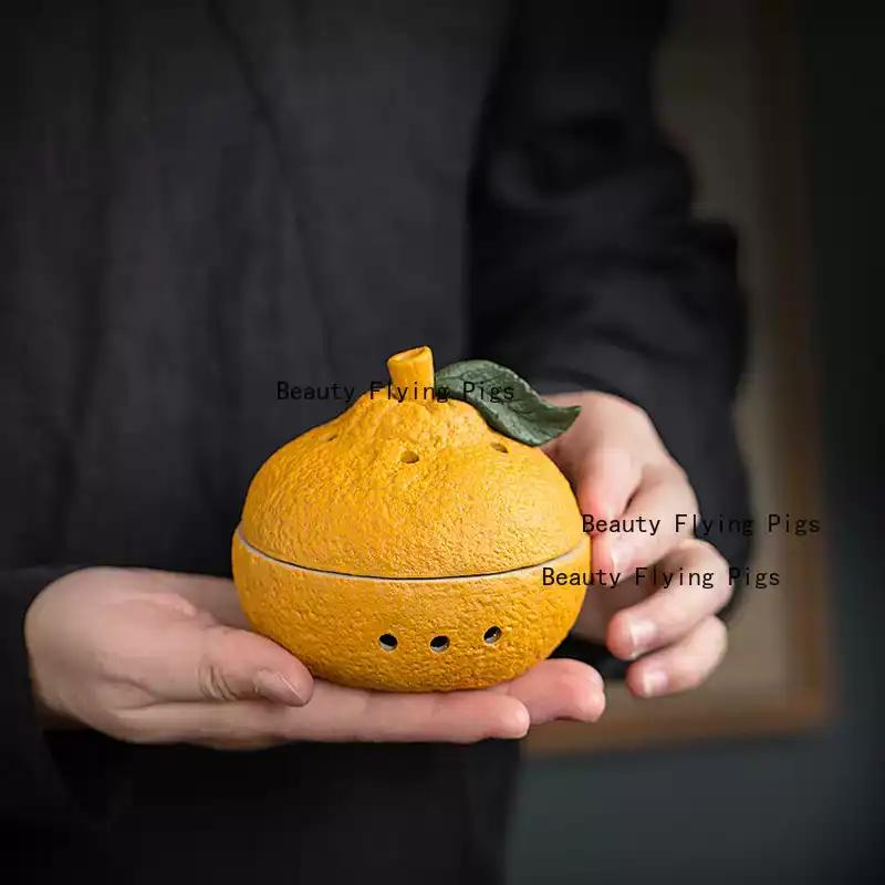 1pc Ceramic Incense Burner, Orange/Persimmon/Durian Shaped Incense Burner, Temple Sacrificial Supplies Feng Shui Accessories