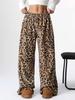 Women Leopard Print Wide Leg Pants Elastic Waist Drawstring Casual Loose Long Trousers