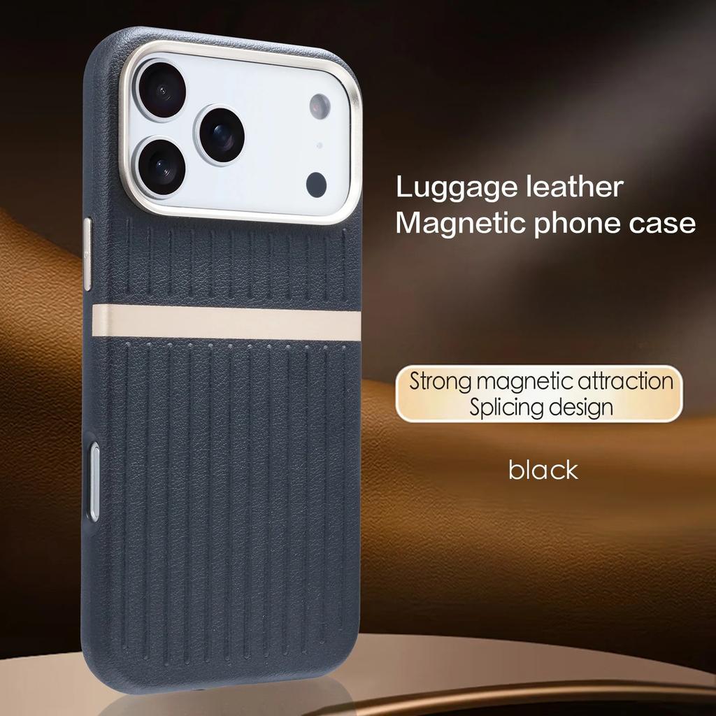 Luxury Luggage Stripe Magnetic Phone Case for iPhone 17 Pro Max 17 Air 16 Pro 15 14 13 Wireless Charging PU Leather Hard Cover