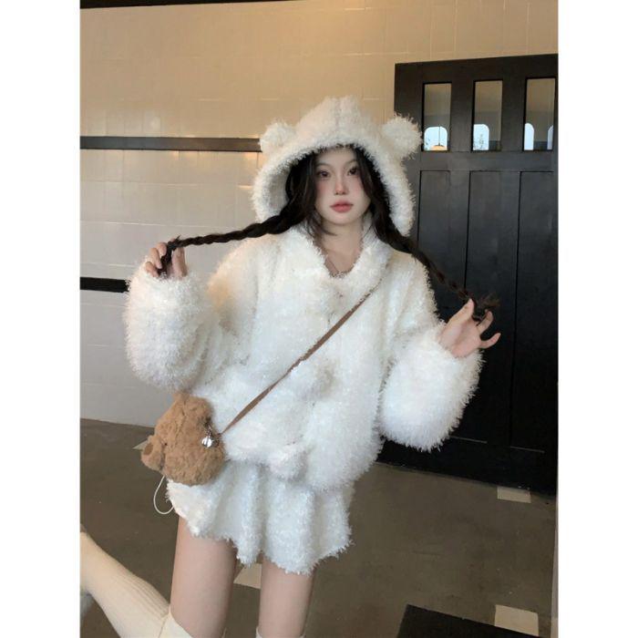 Caldo cappotto di peluche con cappuccio, orecchie da orso, latte, per bambina, invernale