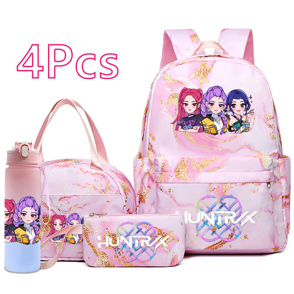 4Pcs/set New Cartoon K-Pop Printed Backpack Handbag Pencil Case with 750Ml Water Bottler for Teenager Boy Girl Schoolbag Large Capacity Bookbag