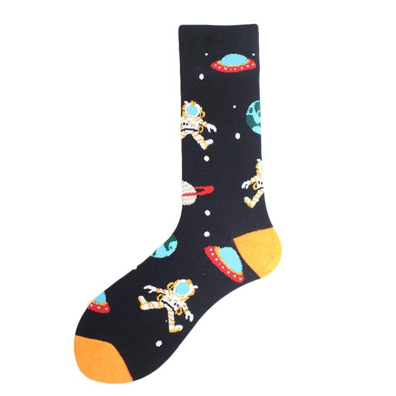 Happy Funny Unisex Painting UFO Astronaut Outer Space Rocket Men Crew Socks Male Boys Streetwear Cotton Causal Skateboard Sox