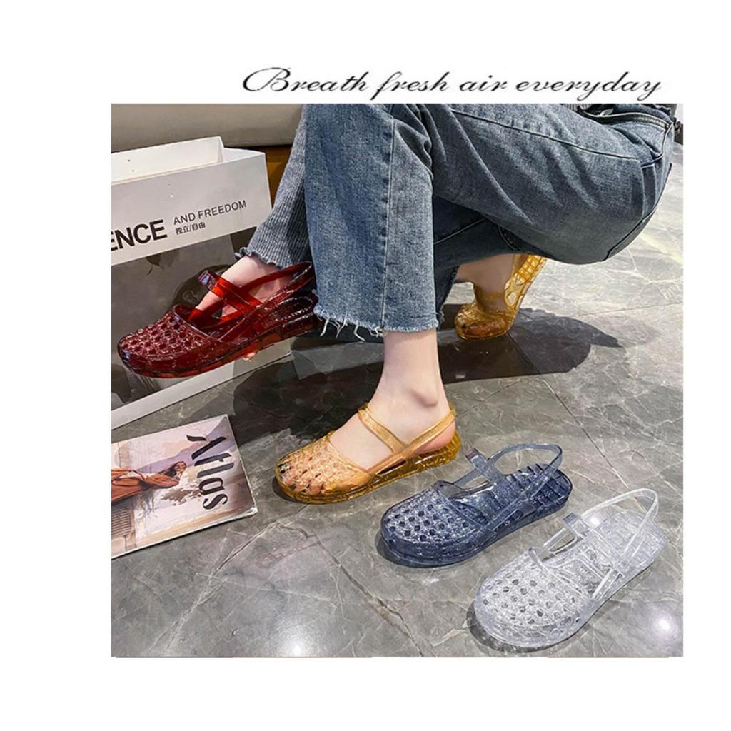Gemstone Sparkling Jelly Mary Jane Shoes, Transparent Woven Hollow Flat Shoes, Waterproof and Non Slip, Cute Beach Pool Vacation Cooldown