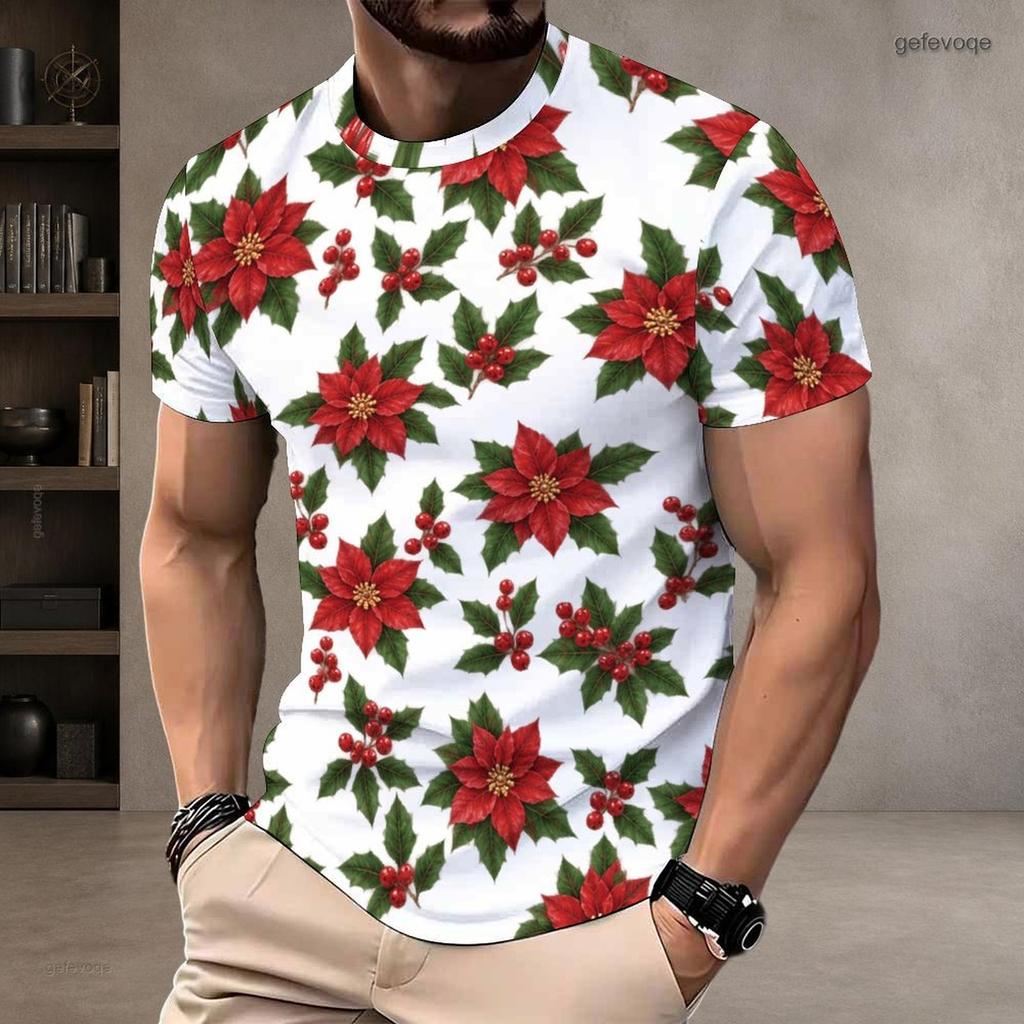 Men Plus Size Round Neck Short Sleeve T Shirt Christmas Teddy Bear Printed White Pullover