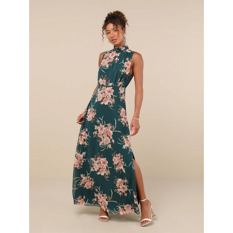 Export Single Lu Home Stand Collar Refined Stylish and Versatile Unique Exquisite Print Banquet Party Elegant Retro Dress