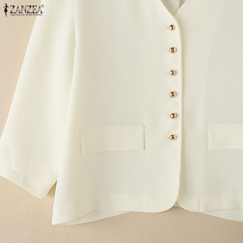 ZANZEA Blusa casual de manga 3/4 de color sólido con cuello en V para mujer