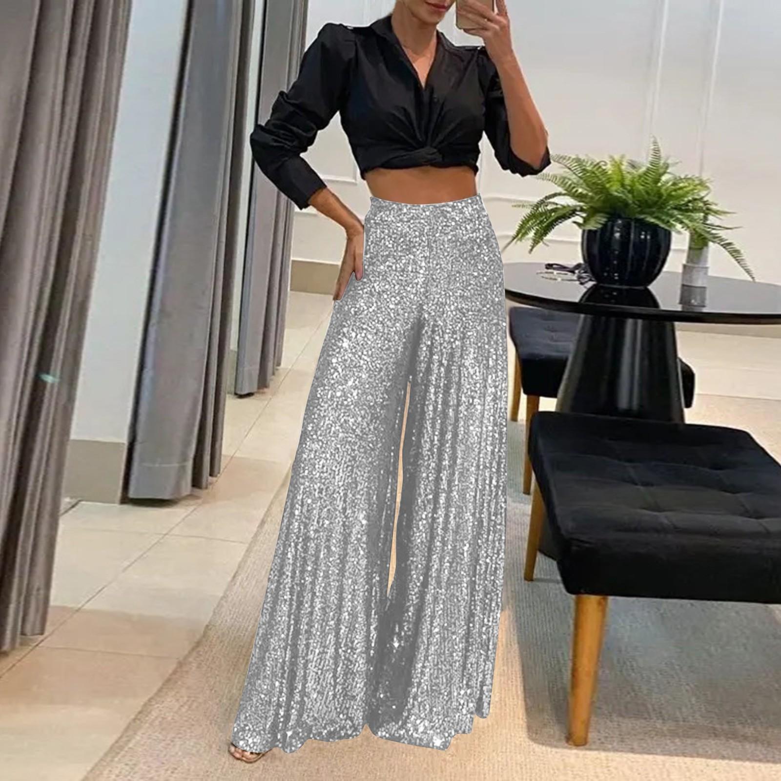 

Женские модные повседневные тонкие брюки с высокой талией, однотонные широкие брюки с пайетками S серебряный