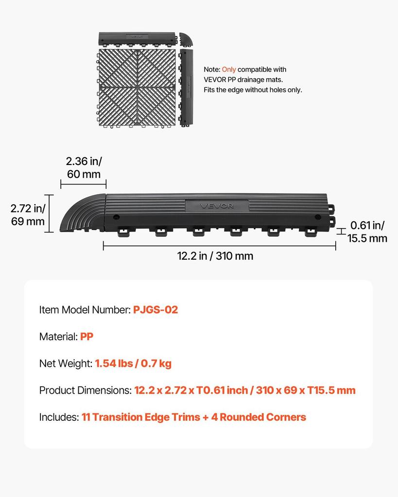Transition Edge Kit, 11-Piece, Durable PP Interlocking Modular Garage Floor Edging, Easy Installation, Edge Protection for Wet Area Restaurant, Only