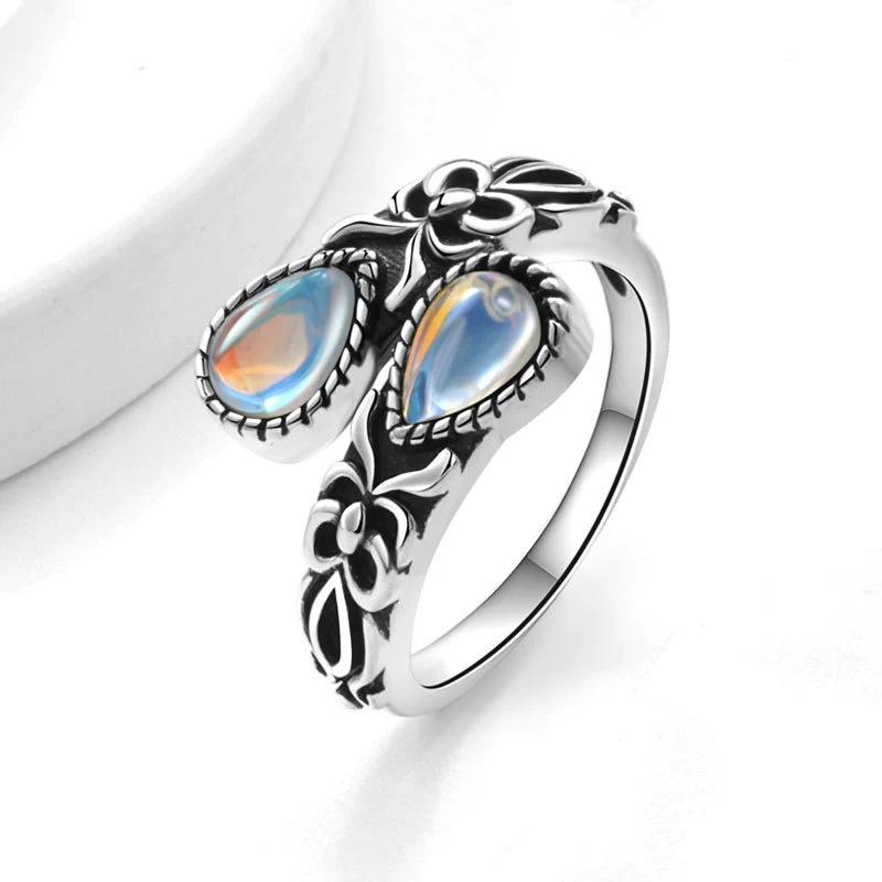 Thai Silver New Retro Design Moonstone Adjustable Ring for Woman Trendy Jewelry Daily Part Accessories Gifts
