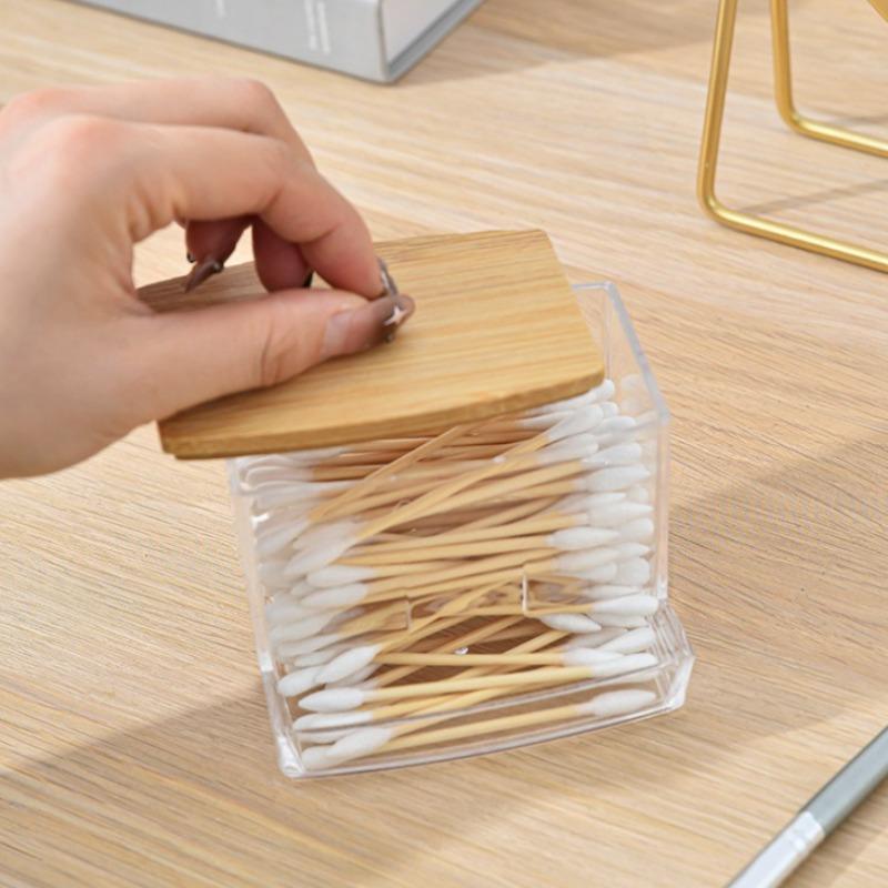 Cotton Swab Dispenser with Bamboo Lid Double Head Cotton Swabs Container Transparent Square Cotton Buds Toothpick Organizer