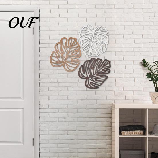 Bedroom Wall Hanging Decor 3Pcs Hollow Monstera Leaf Decoration, Wooden Tropical Art Plaque, Decorative Natural Style Accents Sculpture with Hook for
