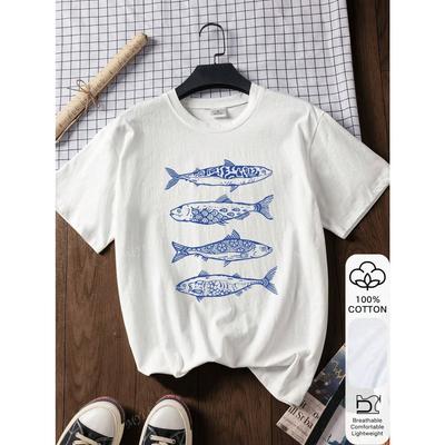 Sommer Damen Locker T-Shirt, Fischdruck, 100% Baumwolle Weiß Kurzarm Grafik Kurzarm