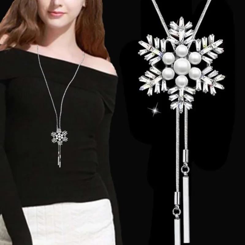 Snowflake Zircon Long Chain for Women Fashion Silver Color Crystal Maxi Necklaces & Pendants Statement Collier Jewelry