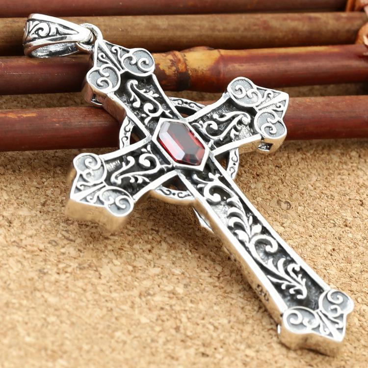 S925 Sterling Silver Retro Thai Pattern Cross Pendant