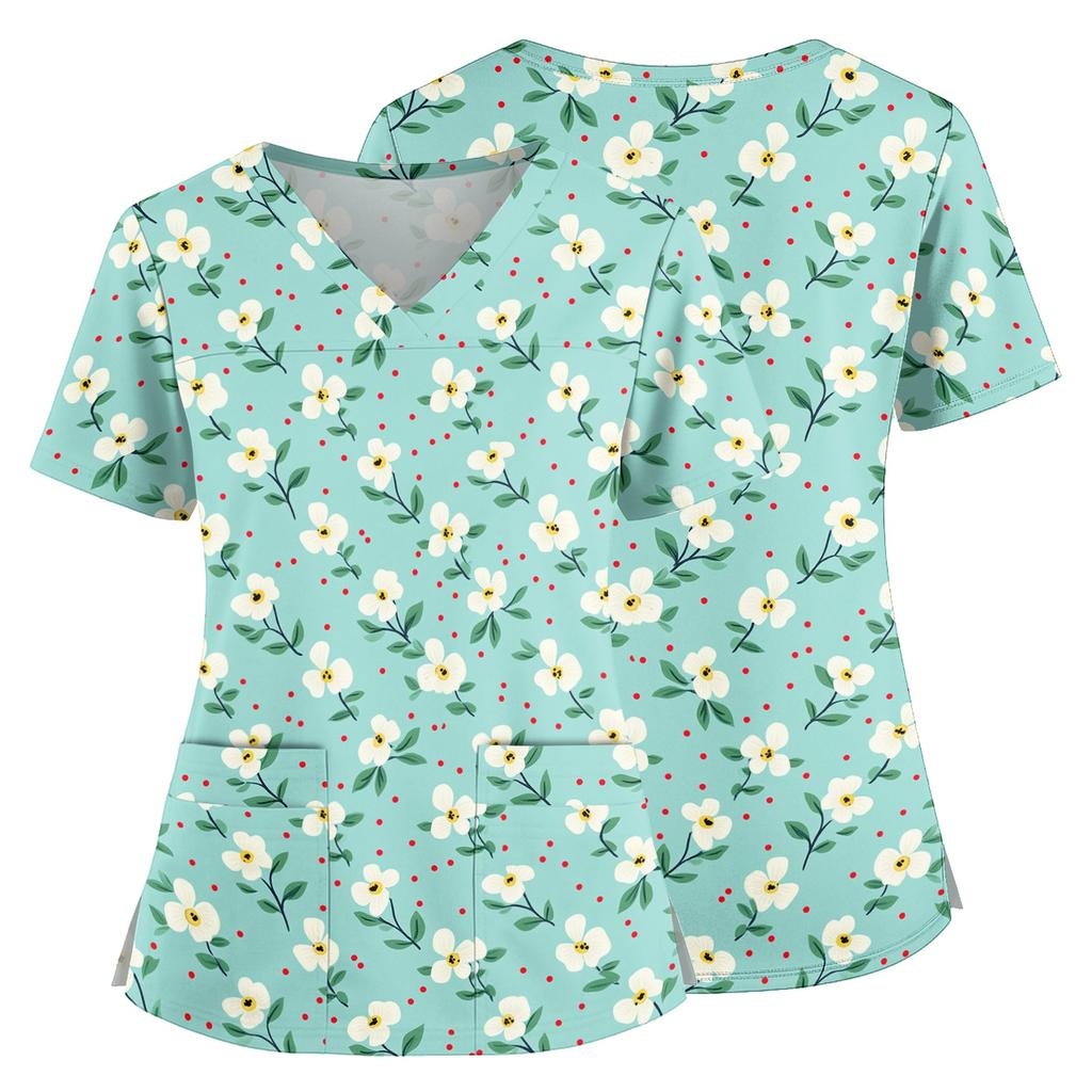 Women Floral Print V Neck Scrub Top with Pockets Side Slits Short Sleeve Medical Uniform Shirt for Healthcare Professionals