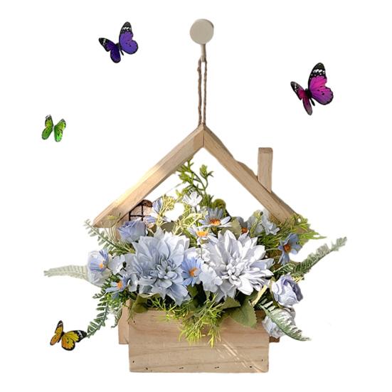 Wood Wall Planter with Artificial Plants, LED Lighted Rustic Farmhouse Wall Decor, Hanging Fake Plants Flowers Holder Vase for Bedroom Living Room