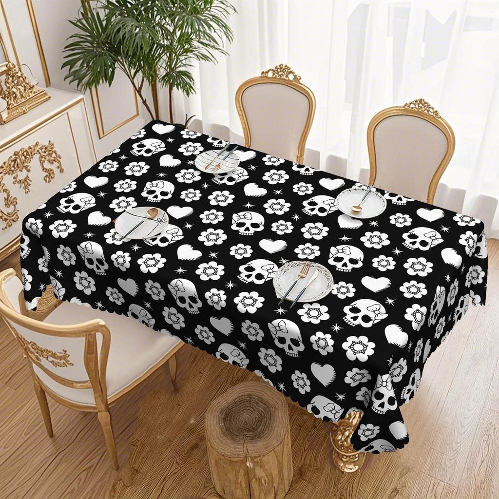 1 White Skull And Flower Heart Black Tablecloth, 60X60 Round/Rectangular, Suitable For Dining Tables