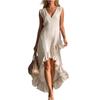 Ladies' Casual Sleeveless V-neck Ruffled Hem Cotton Linen Long Dress