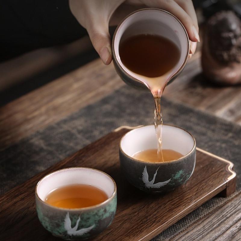 Handmade Stoneware Tea Cup Kiln Fired Retro Style Ceramic Mug Crane Design Personal Teaware for Host Gift Kitchen Dining Use