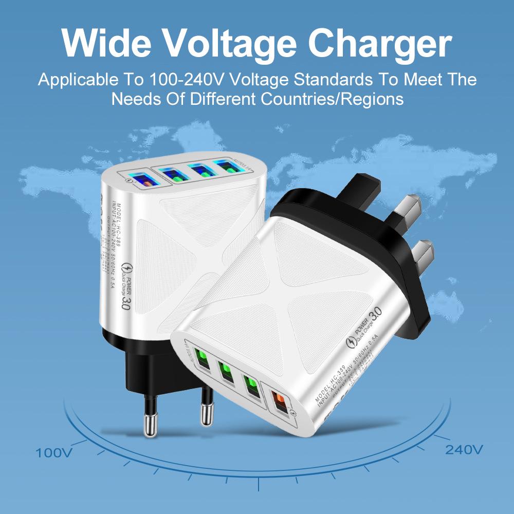 New QC3.0 4-Port Fast Charger: 5V/9V/12V European, American, British & Australian Standard