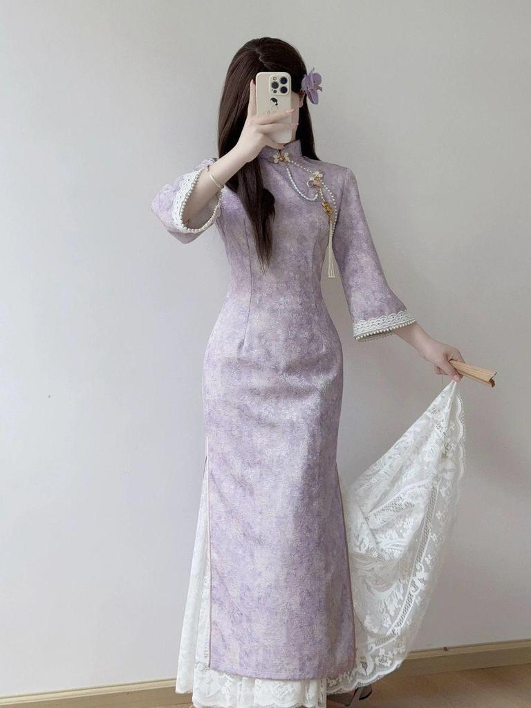 2025 New Autumn Purple Qipao with Inverted Sleeves – Gentle and Brightening for Young Women