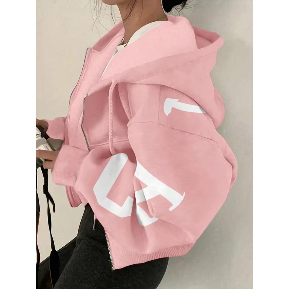 Women Y2K Crop Zip Up Hoodie Letter Print Oversized Long Sleeve Hooded Sweatshirt Casual Streetwear Short Jacket Outerwear