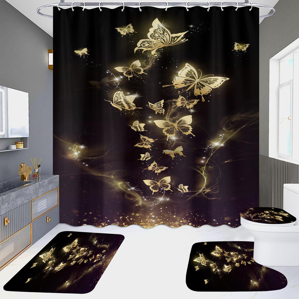 4-Piece Shower Curtain Set with HD Digital Printing | Waterproof, Drill-Free, Ideal for Home/Hotel Bathroom Partition