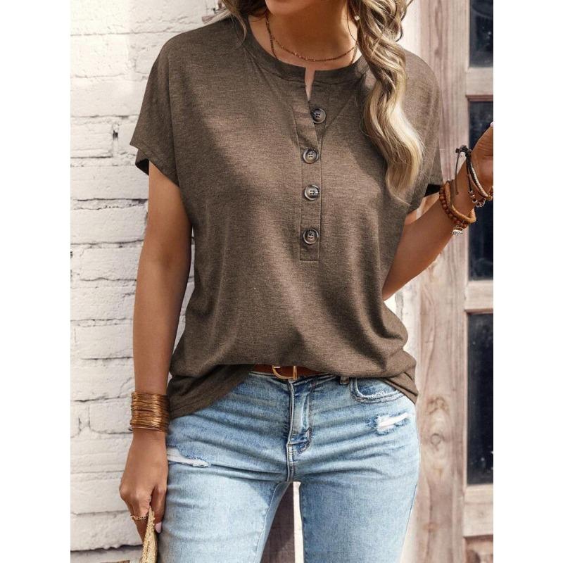 T-shirt da donna estiva a maniche corte con scollo Henley, casual, vestibilità ampia, top basic multicolore