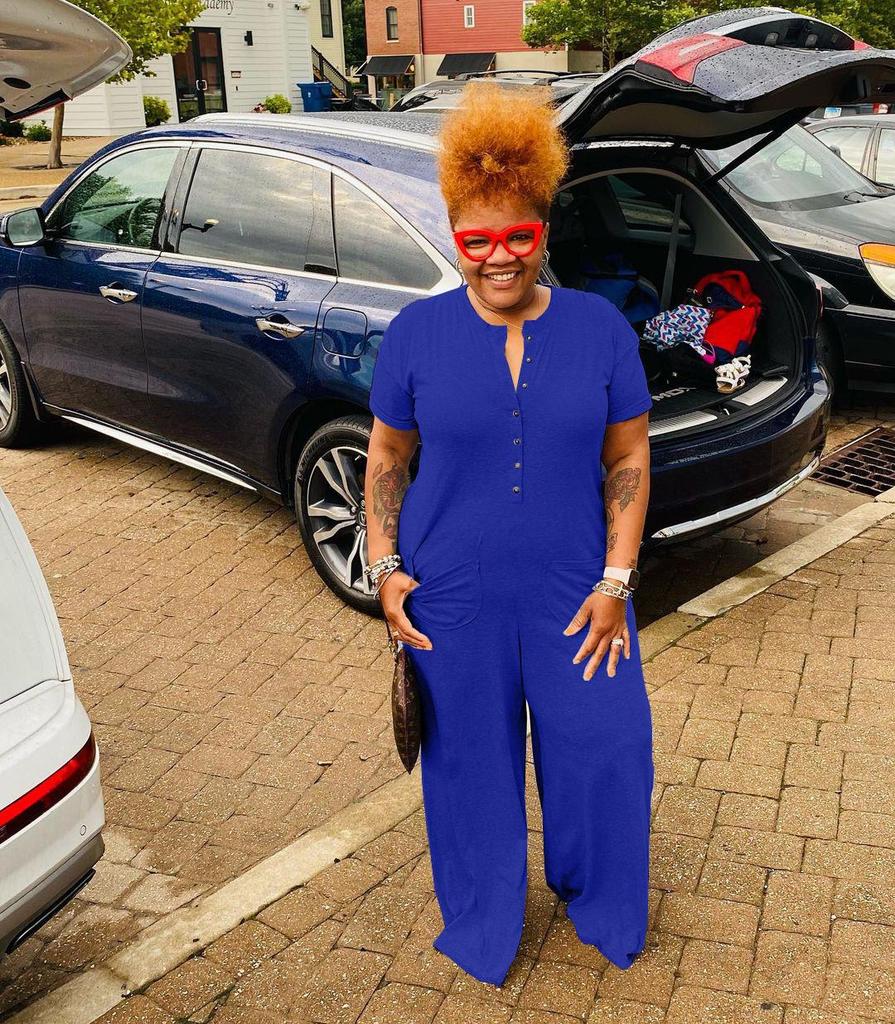 Plus Size Women's Fashion Casual Button Jumpsuit - European and American Style