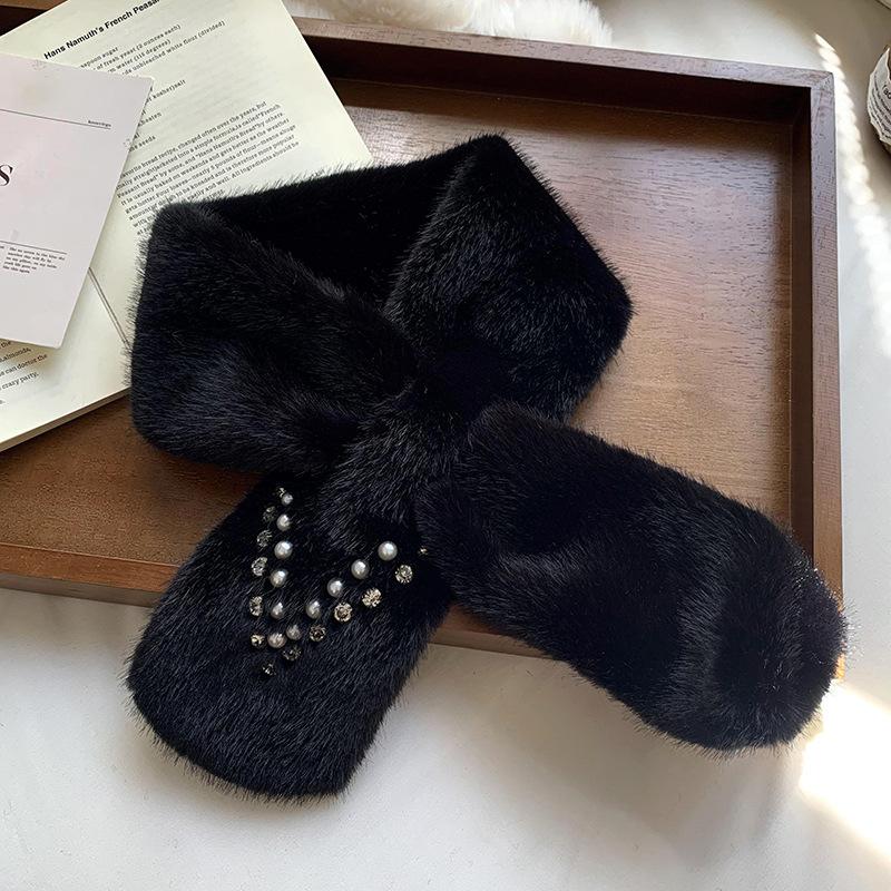 Autumn and winter scarf women's autumn and winter plush pearl diamond versatile imitation Rex rabbit hair sweet and cute scarf