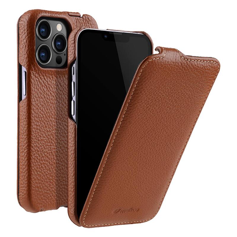 MELKCO For iPhone 13 Pro Max Phone Protective Shell Litchi Texture Genuine Cow Leather+PC Vertical Flip Case