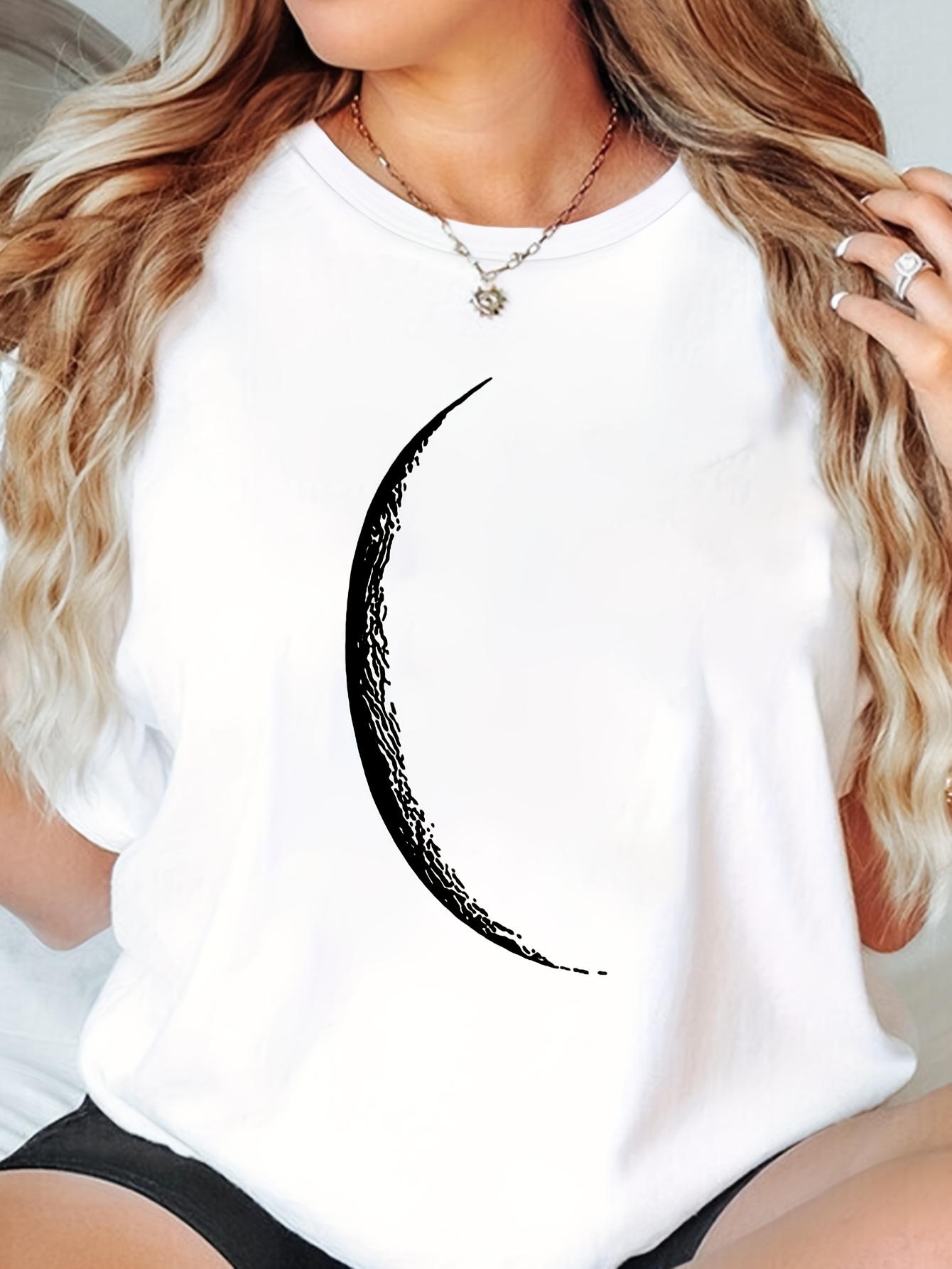 

Women s Casual Crew Neck T-Shirt with Crescent Moon Print Solid Short Sleeve Knit Top Y2K Style Moon Graphic Shirt S