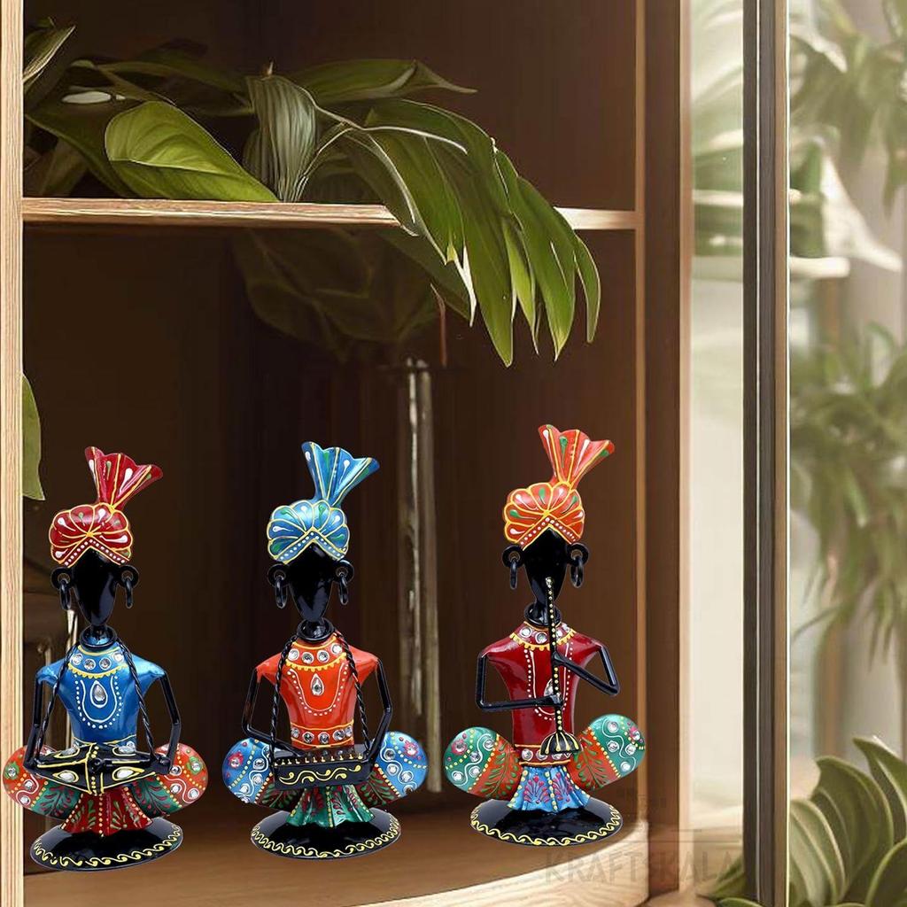 Rajasthani Musiker Schauobjekt Set mit 3 Stammesmusikern Eisenstatue Tischdeko Artikel für Wohnzimmer, Zuhause, Büro, Geschenke