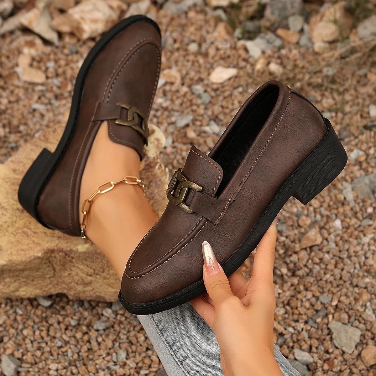 

2025 Весна/Осень Новые Модные Сексуальные Повседневные Туфли на Толстой Подошве с Круглым Носком Ретро Металлическая Пряжка Удобный Квадратный Каблук Женская Обувь 36