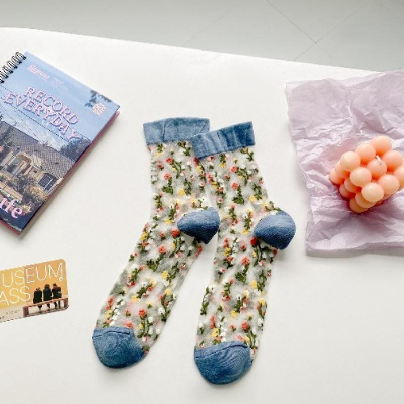 Ultra-thin Transparent Crystal Silk Socks Women Fashion Summer Harajuku Crew Socks Retro Flower Streetwear Elastic Long Socks
