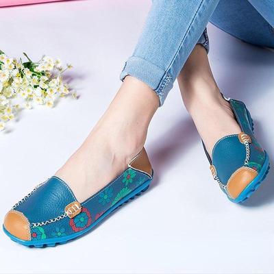 Large Size Shoes 42.43 Casual Mother's Shoes Soft Face Comfortable Printed Ladies Flat Heel Leather Women's Shoes