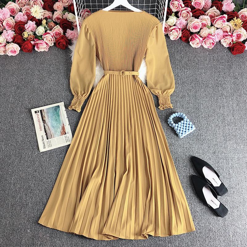 Spring Autumn Women Elegant Long Sleeve A-line Dress Office Lady High Waist Solid Pleated Dress